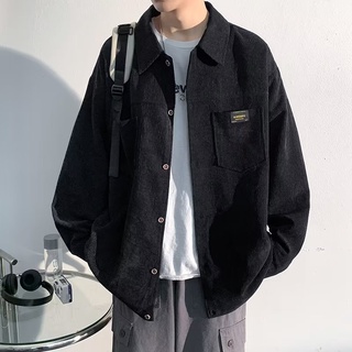 長袖襯衫男 上衣男 M-3XL 襯衫男長袖 條紋立領 寬松 男士襯衣 春秋 港風 痞帥 休閑 外套貼標寸衫 燈芯絨襯衫