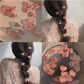 5個一套粉色系列少女蝴蝶結水蜜桃山茶花髮夾