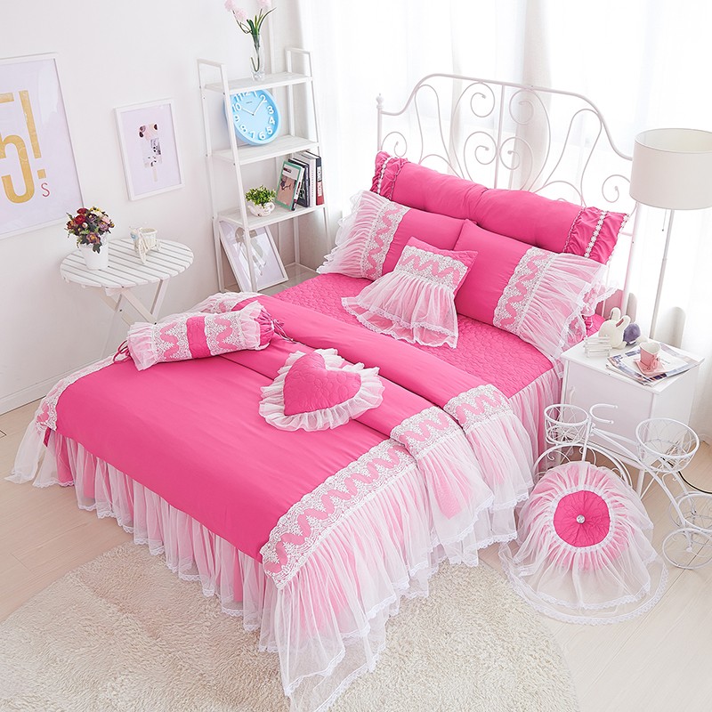 天絲蕾絲鋪棉床罩 結婚床罩 桃紅床罩 蕾絲床罩 雙人床罩 床裙組