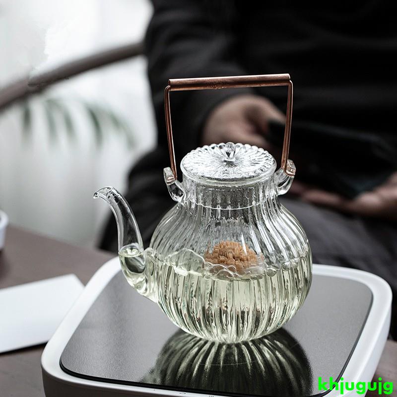 【東游記】現卖 日式手作和風 耐熱加厚玻璃泡茶壺 創意銅提梁玻璃茶壺 煮茶器 電陶爐專用