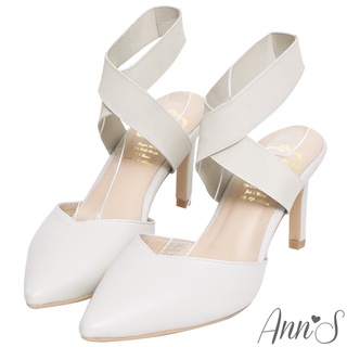 Ann’S芭蕾造型-寬版鬆緊繫帶V口綿羊皮尖頭細跟鞋8cm-米白