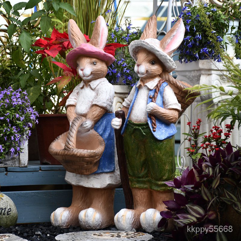 【免運】戶外花園庭院陽台可愛卡通情侶大兔子擺件落地樹脂工藝品家居裝飾園藝擺件 園藝裝飾 裝飾擺件 庭院裝飾