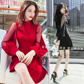【#現貨臺灣，免預購】S-XL 粉 黑 紅 氣質名媛透視網紗露肩長袖小禮服 立領蝴蝶結收腰洋裝 婚禮 春酒 尾牙 謝師宴