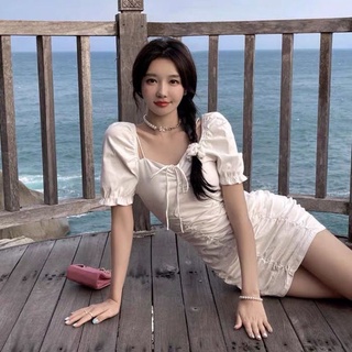 禮服 旗袍 沙灘裙 韓版氣質法式輕熟風泡泡袖褶皺抽繩修身顯瘦連身裙女MD074 77724.衣時尚