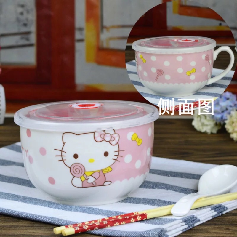 Hello Kitty日式陶瓷泡麵碗 餐具套裝四件組（可微波）