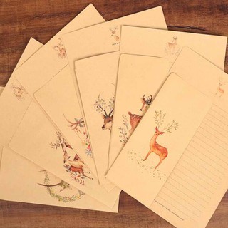 復古動物鹿書寫文具紙帶信封套裝復古牛皮紙書寫紙復古信紙套裝