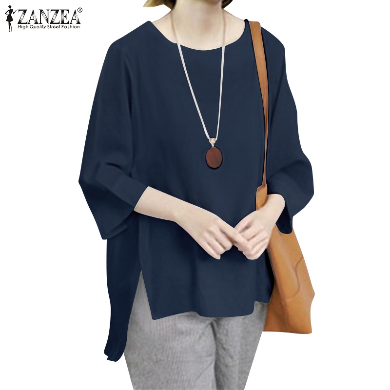 Zanzea 女士韓版復古休閒圓領 3 / 4 袖純色寬鬆上衣