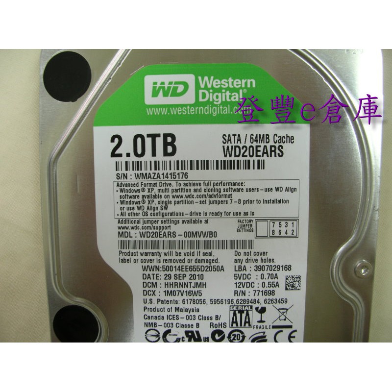 【登豐e倉庫】 YF402 WD20EARS-00MVWB0 2TB SATA2 硬碟