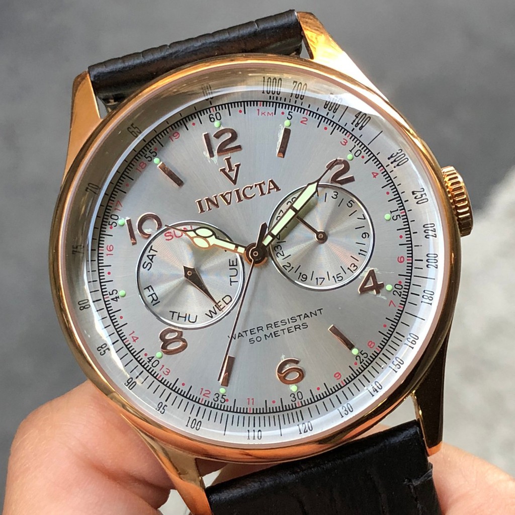 全新現貨出清價 INVICTA 6753 手錶 44mm 銀色面盤 玫瑰金錶圈 黑色皮錶帶 男錶女錶