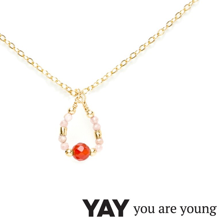 YAY You Are Young 法國品牌 Cleo 玫瑰粉玉石項鍊 水滴墜設計 金色