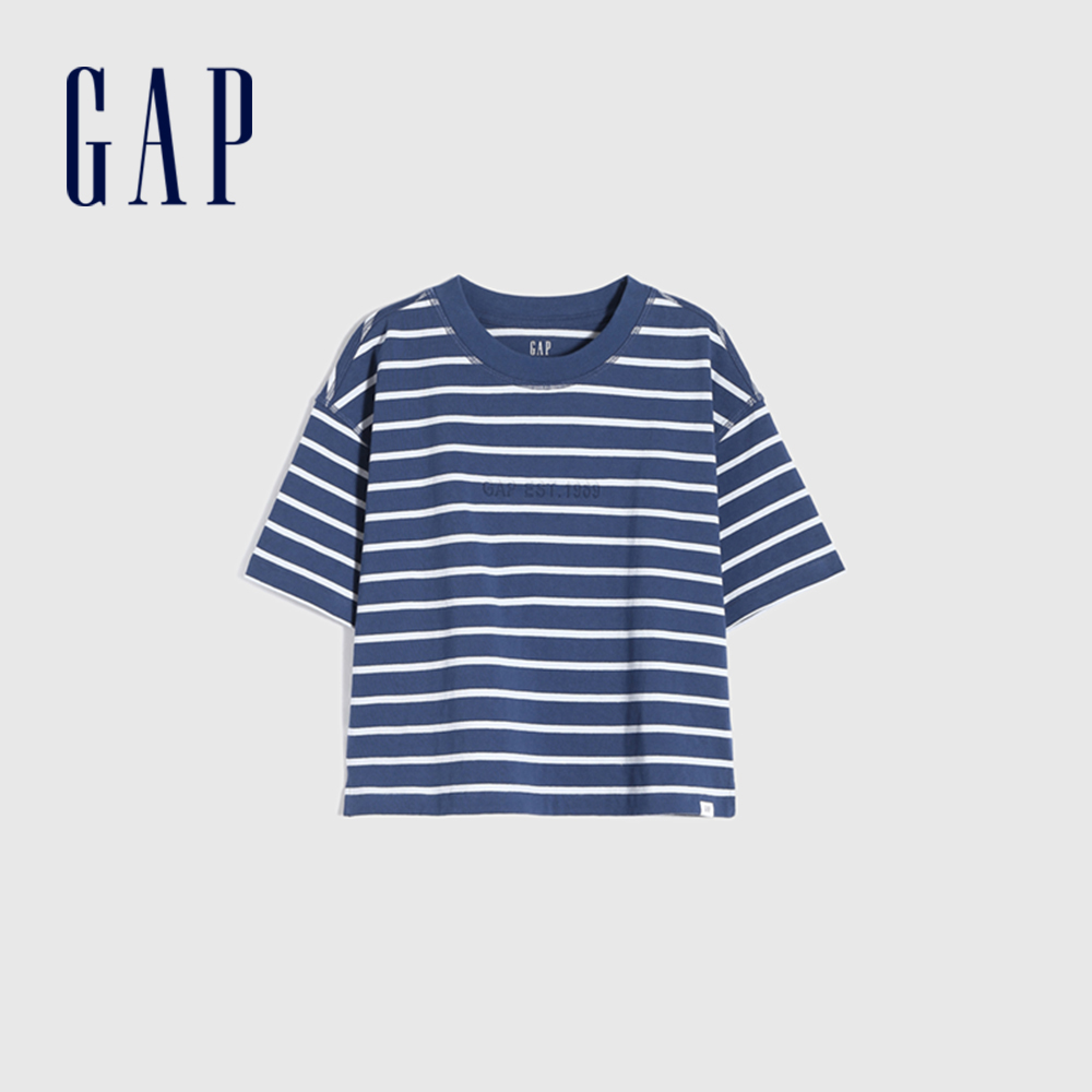 Gap 女童裝 Logo純棉質感短袖T恤 厚磅密織系列-藍色條紋(770922)