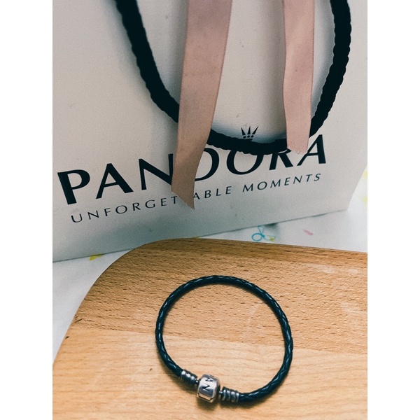 Pandora 潘朵拉 925純銀開扣式皮革皮繩手鍊手環-黑