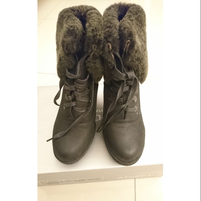 冬鞋大特價Ann by asin踝靴 粗跟 毛毛短靴 黑色 高跟鞋