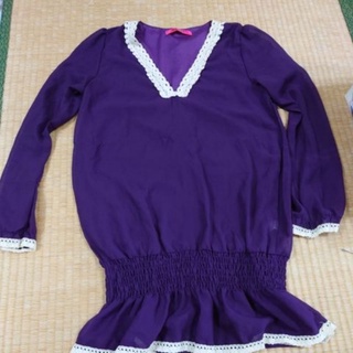 東京著衣 紫色雪紡 長袖V領洋裝