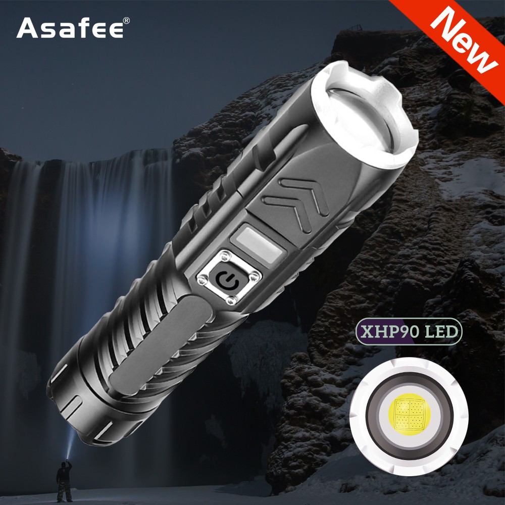 Asafee1800lm 1665 XHP90手電筒可伸縮變焦手電筒按鈕開關26650/18650 4模式開關智能顯示指