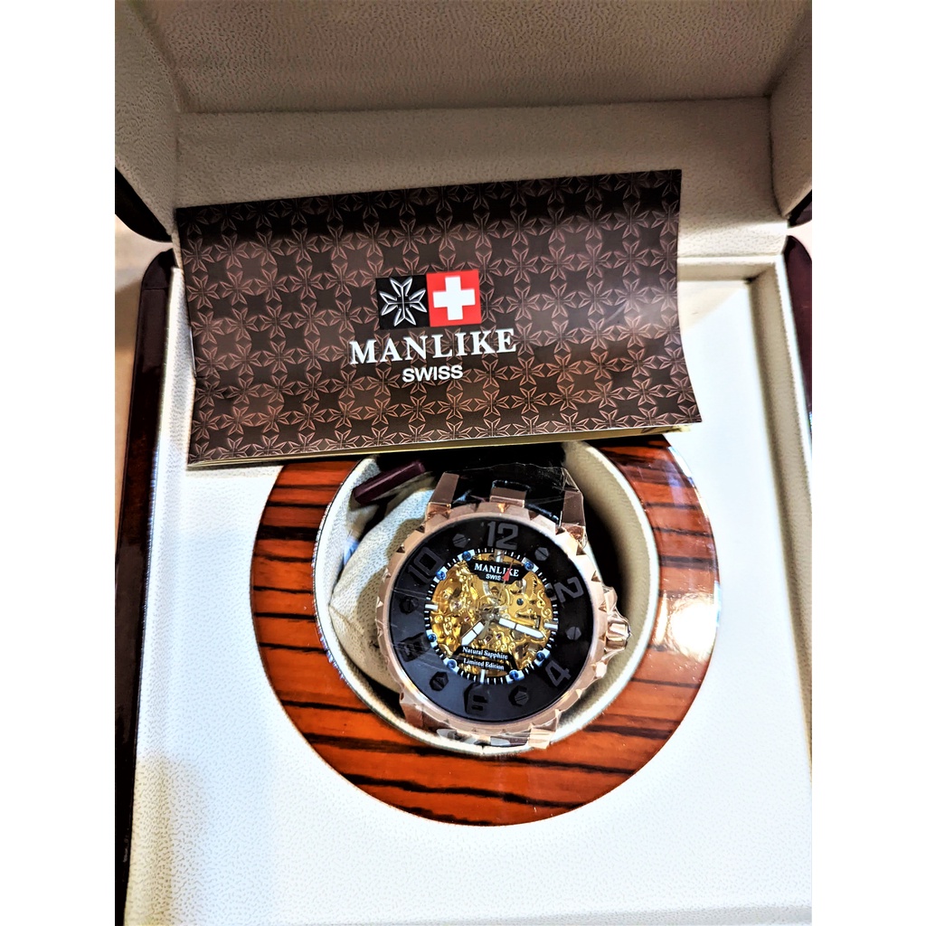 -=香格里拉=-MANLIKE曼莉萊克天然藍寶石鏤雕限量機械腕錶 瑞士錶