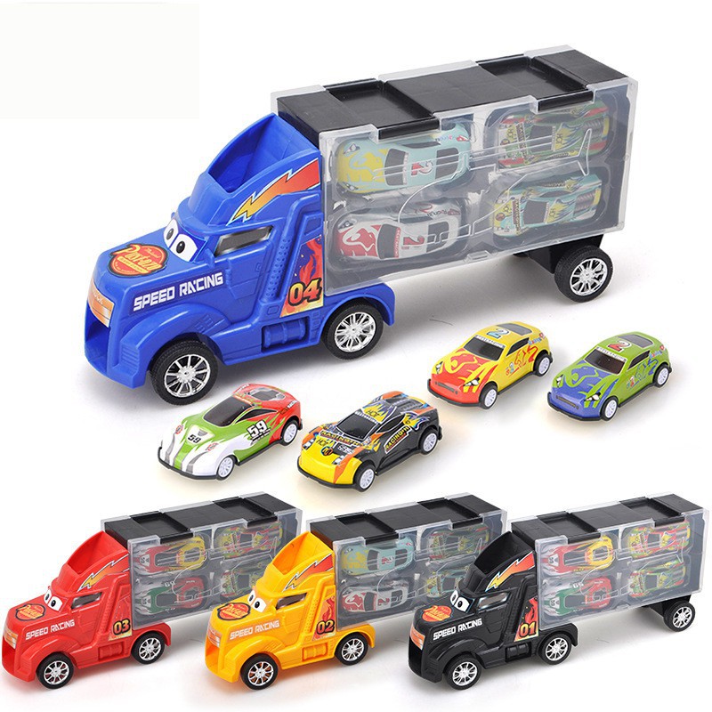 兒童拖頭貨櫃車收納盒 現貨 汽車玩具 配回力金屬小汽車模型套裝  1大貨櫃車+4輛金屬小汽車