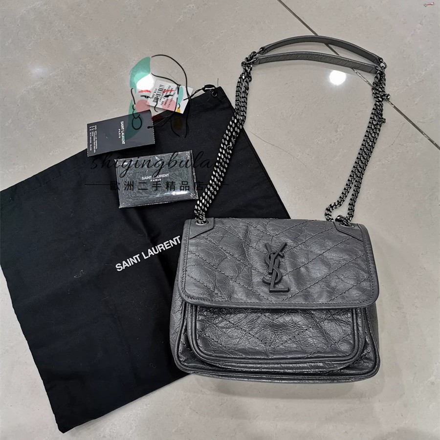 二手正品saint Laurent 聖羅蘭 Ysl Baby灰色小號皺褶銜縫郵差包單肩斜挎包 蝦皮購物
