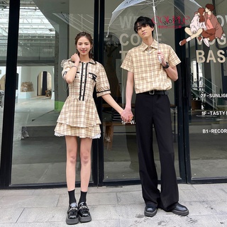 【COUPLE】💕💕2022夏季情侶裝女青少年蛋糕裙襯衫格紋短款收腰連衣裙男襯衫