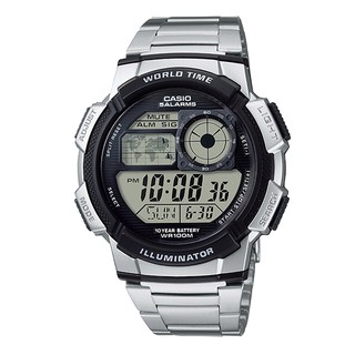 CASIO 十年電力 迷你世界地圖/時間資訊顯示/世界時間/防水100米/計時碼錶（鋼帶款） AE-1000WD-1A
