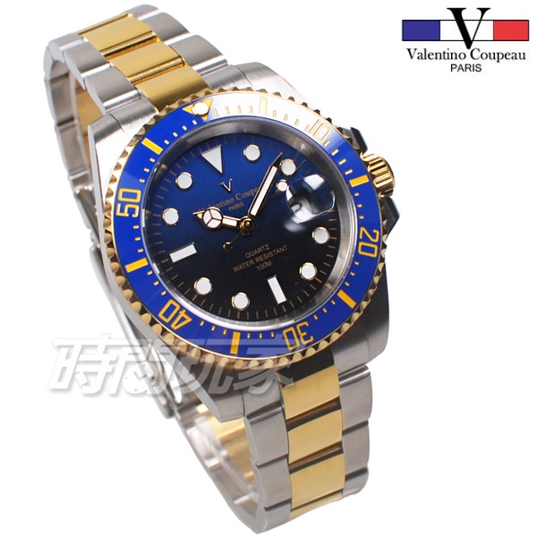 valentino coupeau范倫鐵諾 V61589TKG半藍 夜光時刻 不鏽鋼 防水手錶 男錶 潛水錶 水鬼 漸層