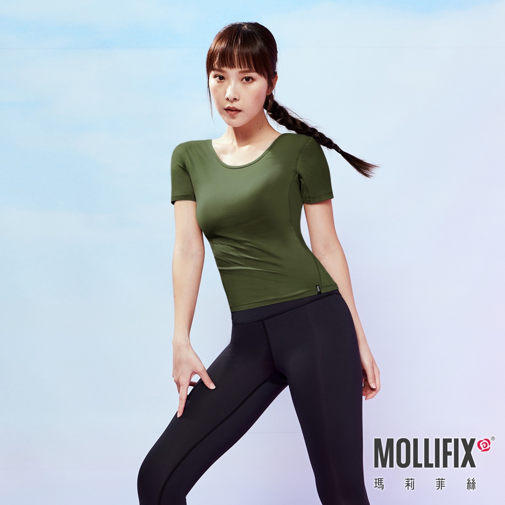 Mollifix 瑪莉菲絲 合身U領短袖上衣 (軍綠) 抗菌銀纖維系列、瑜珈上衣、瑜珈服