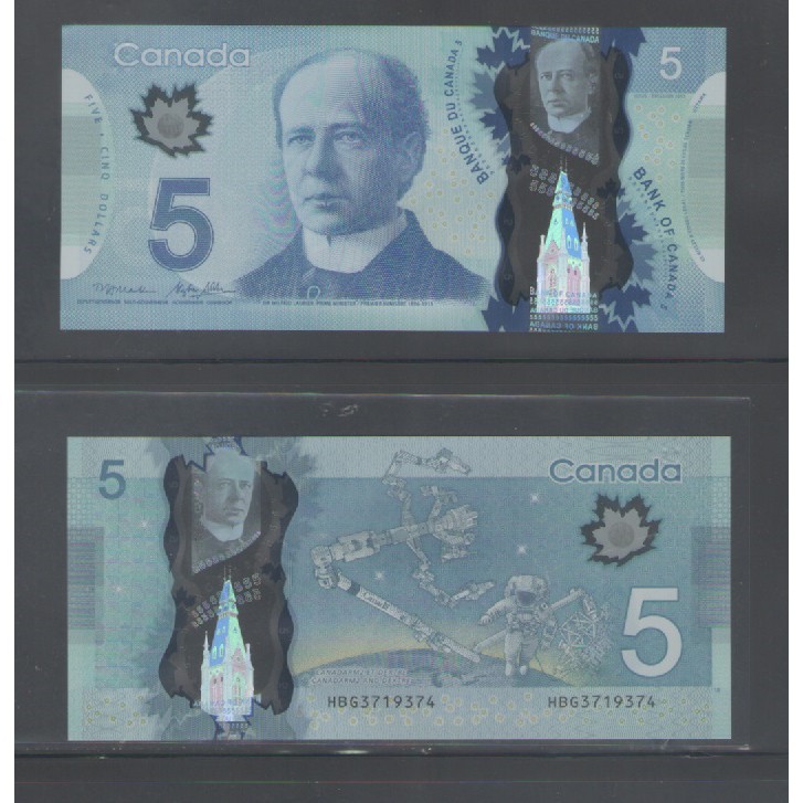 【低價外鈔】加拿大2013年5 Dollars 加幣 塑膠鈔一枚，新發行！