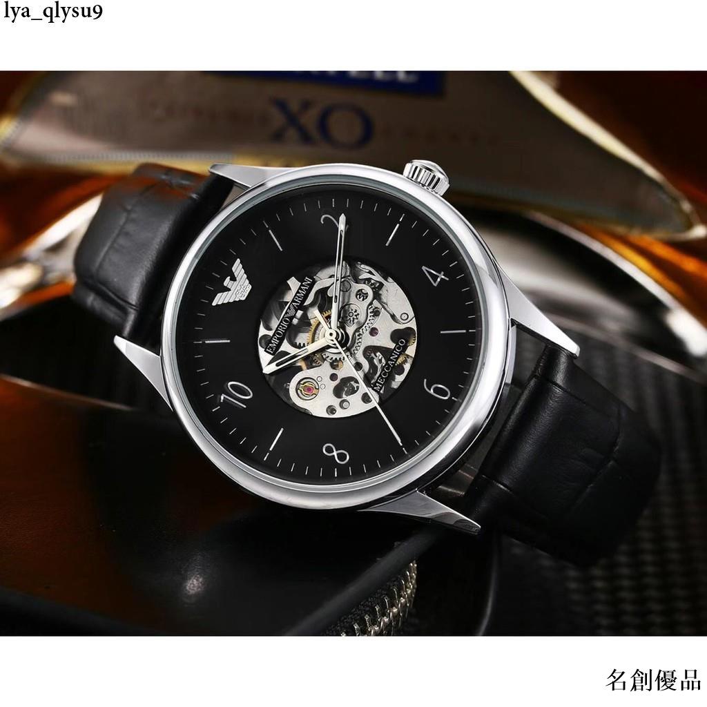 名創優品 Armani-阿瑪尼 男士機械錶 經典鏤空設計 頭層牛皮錶帶 亞曼尼全自動機械錶 時尚 商務男錶