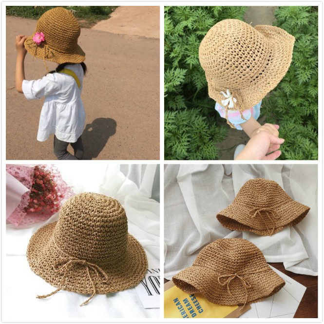 韓國兒童草帽遮陽沙灘帽防曬漁夫帽子海邊手工編織親子帽