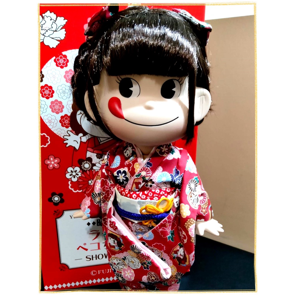 日本帶回早期正版絕版現貨-全新已拆封-2015年不二家牛奶妹昭和髮捲和服大公仔陶瓷人形玩偶
