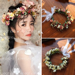 羅絲 新娘飾品 《現貨》af 530159790019 雛菊仿真花花環新娘海灘拍照手工藤條新娘頭飾頭花 奶白 粉紫色