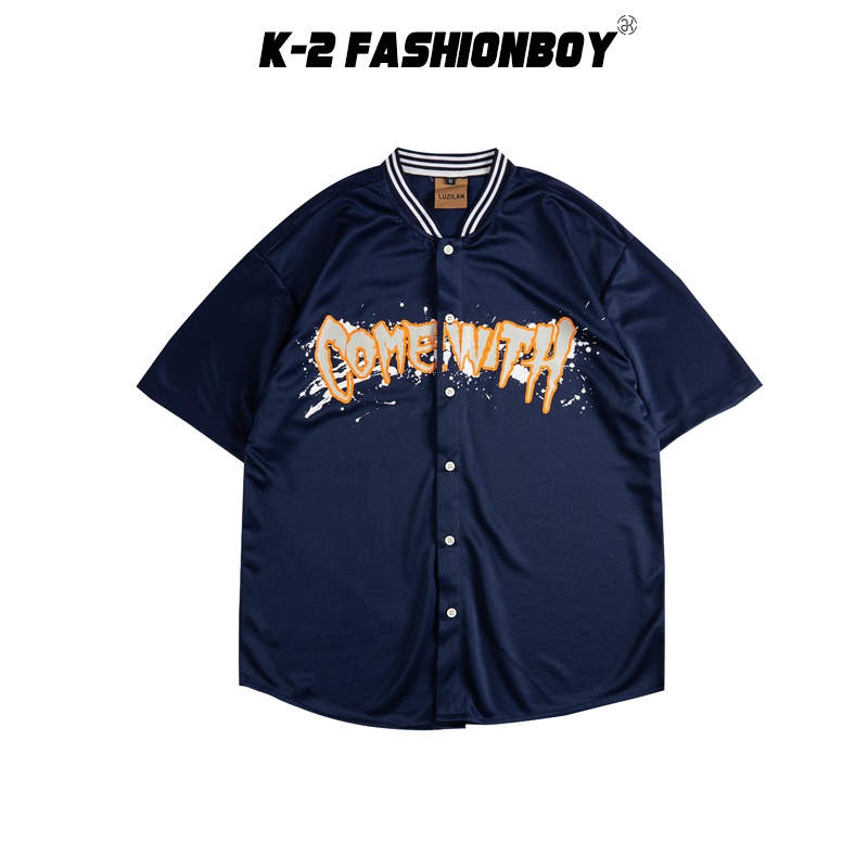 【K-2】COMEWITH 美式 V領 棒球襯衫 短袖 嘻哈 街舞 原宿風 棒球外套 寬鬆落肩 情侶款【BW057】