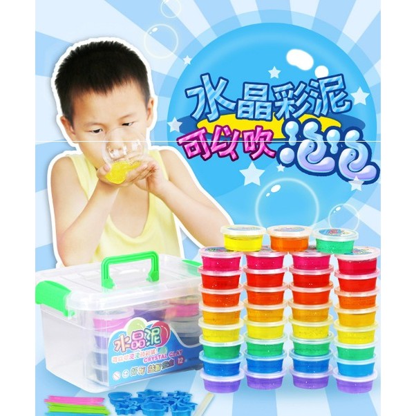 炙哥 無毒透明可吹泡泡水晶彩泥水晶土水晶泥一組6色 盒不沾手果凍水黏土水粘土太空泥 蝦皮購物