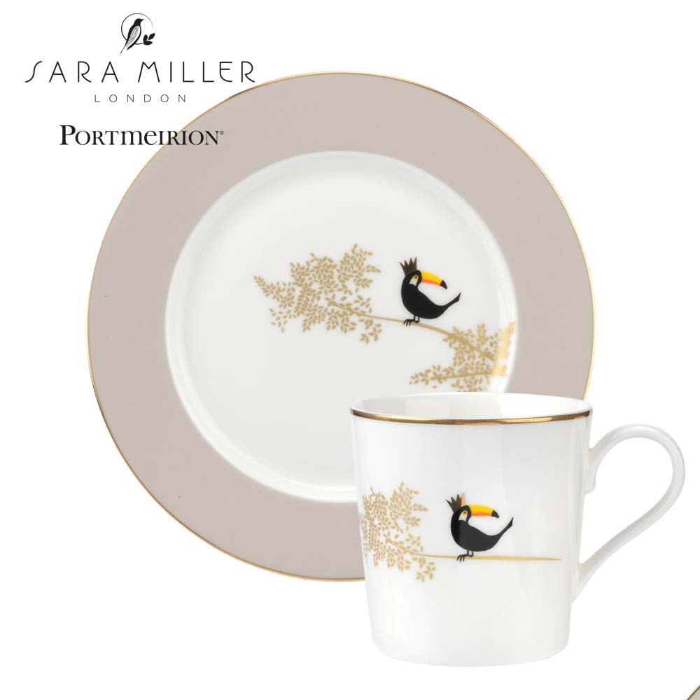 【Portmeirion】SaraMiller設計聯名款-小動物樂園系列-大嘴鳥馬克杯+點心盤組