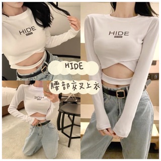 M2 Hide腰部交叉 歐美短版t恤 上衣 長袖 運動 瑜珈 表演 服裝上衣