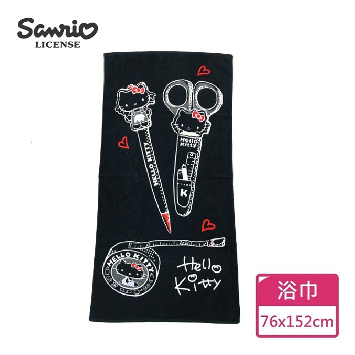 【Sanrio三麗鷗】凱蒂貓Touch文具浴巾-黑 100%棉 76x152cm