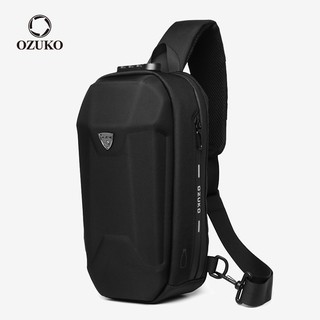 Ozuko 硬殼時尚男士胸包防盜防水側揹包斜揹包 USB 充電