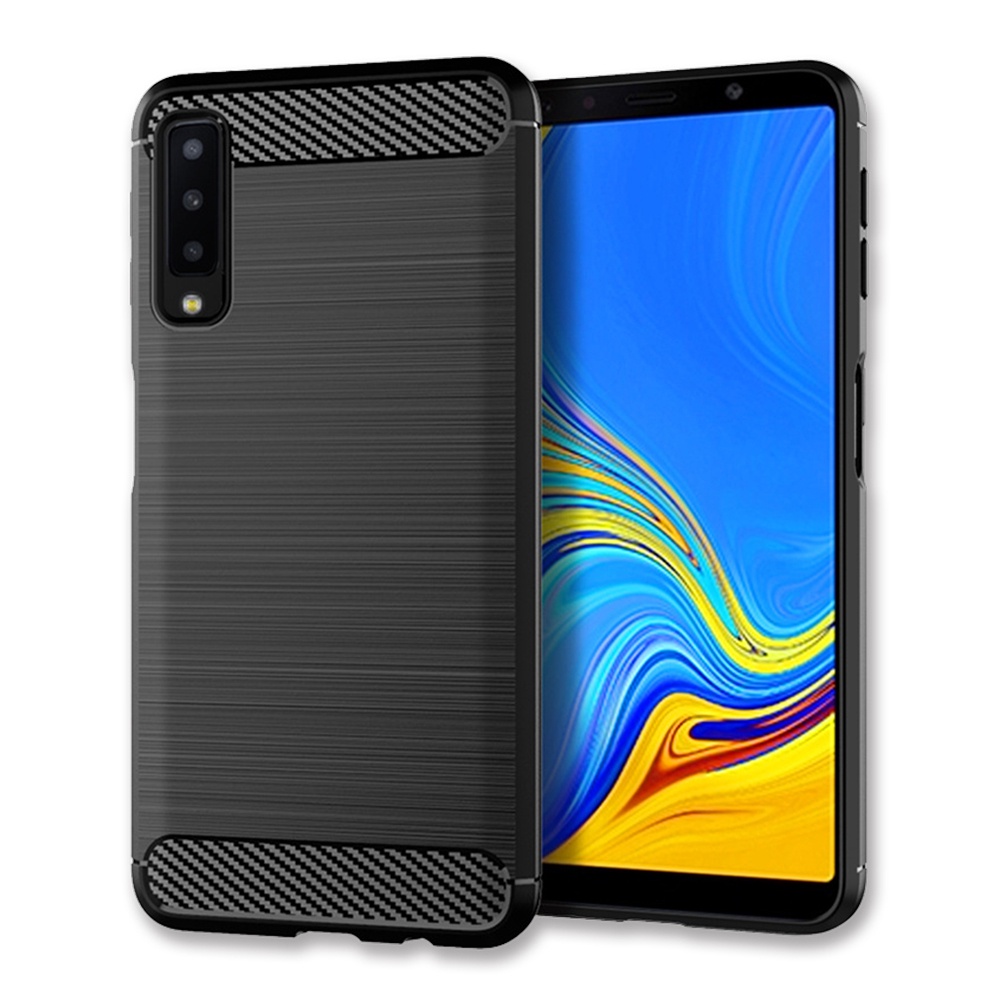 智慧購物王》現貨-Samsung Galaxy A7 2018 拉絲紋碳纖維軟殼散熱防震抗摔手機殼-黑