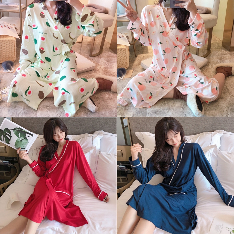 冬秋季長袖睡裙浴衣純棉日式純色系帶睡袍女春秋性感v領中長款浴袍 蝦皮購物