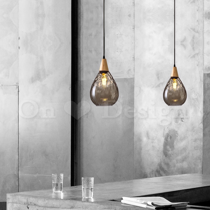丹麥設計 北歐 極簡 設計師的燈款 實木柄 水滴 波紋 玻璃 吊燈-煙燻