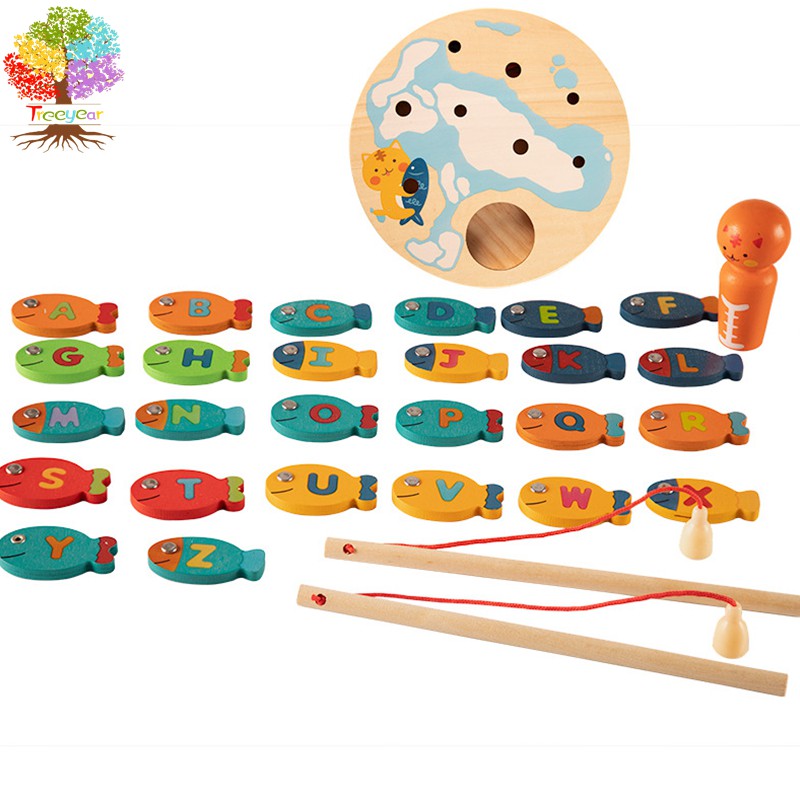 【樹年】蒙氏兒童磁性木製釣魚遊戲玩具 1一3周歲男女孩寶寶幼兒童小孩子益智玩具 小貓摸魚玩具池套裝