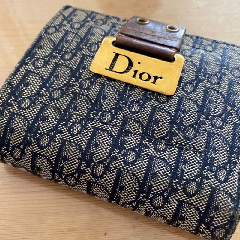 二手 Dior 短夾 藍色 提花 金屬 老花 精品 名片 皮夾 皮包 女 女用 cd