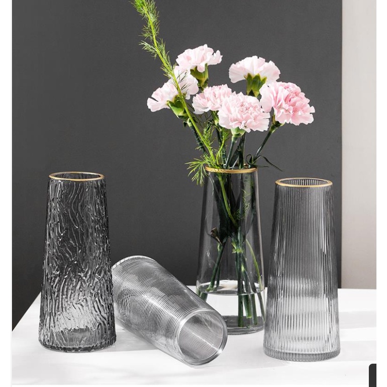 花瓶擺件 客廳插花透明玻璃花瓶 大號北歐創意花器 簡約現代輕奢家居裝飾描金 北歐花瓶  乾燥花瓶 北歐風裝飾 銀柳花瓶