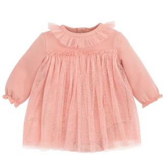 美國 ELEGANT BABY 長袖包屁式洋裝 - 閃亮薄紗荷葉珊瑚粉