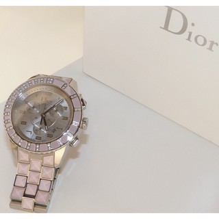 Christian Dior 粉紅水晶 鑲真鑽 三眼計時 鑽錶