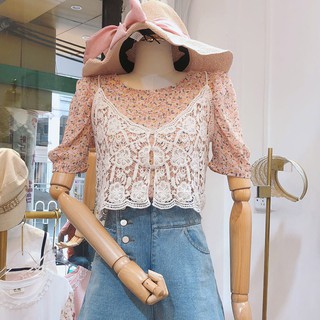 韓版甜美小清新碎花襯衫吊帶鉤花蕾絲兩件式上衣VINASHOP