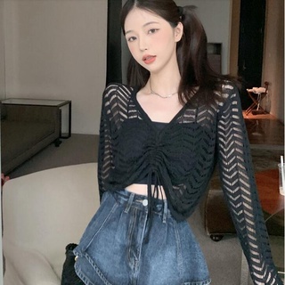 愛依依 防曬外套 針織上衣 空調衫 新款針織衫短款長袖套頭韓版復季古鏤空女士V領抽繩小衫防曬上衣ME045-A1128.