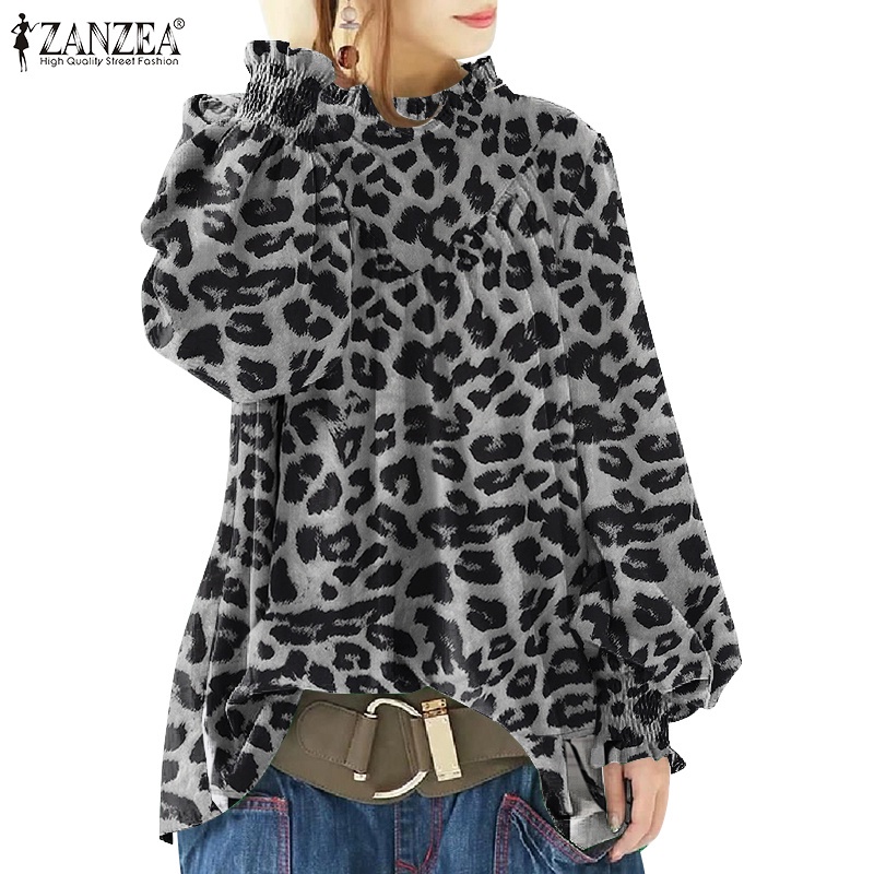 ZANZEA 女式豹紋印花長泡泡袖休閒寬鬆 O 領上衣