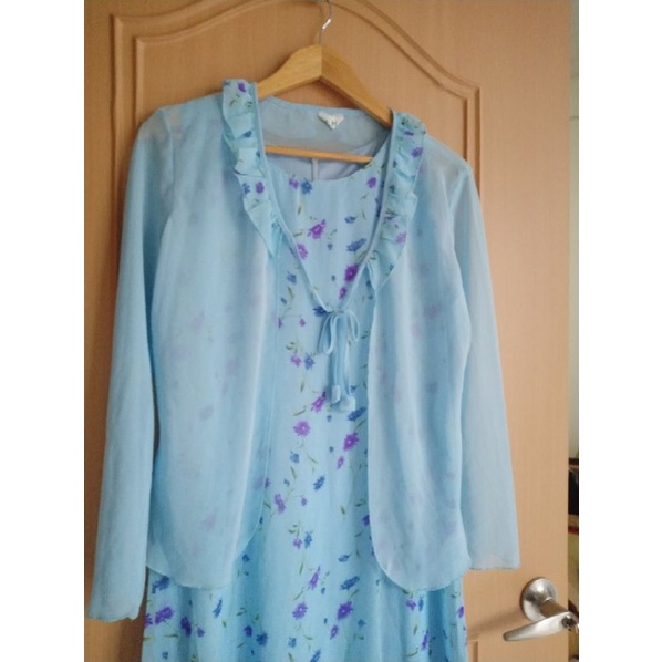 媽媽的古著 復古藍色紫色碎花雪紡無袖洋裝外套套裝 1990年代 2000初年代左右