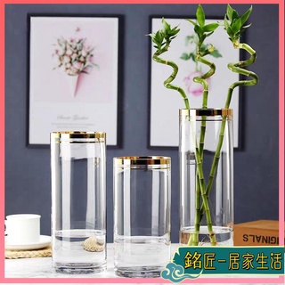 北歐風 鮮花花瓶 乾花花瓶 居家擺設 花瓶 北歐現代手工描金邊直筒玻璃花瓶富貴竹插花百合花器傢俱裝飾擺件